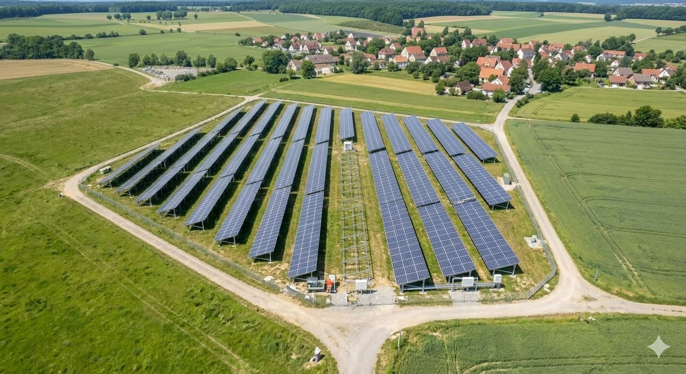 A large solar farm in green fields near a village with red-roofed houses