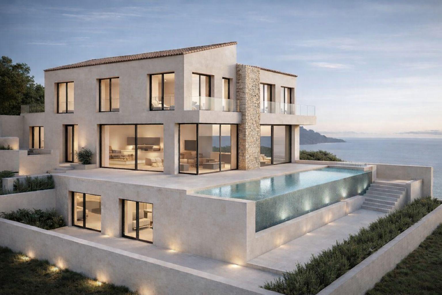 Modern, beige house with large windows and an infinity pool overlooking the sea