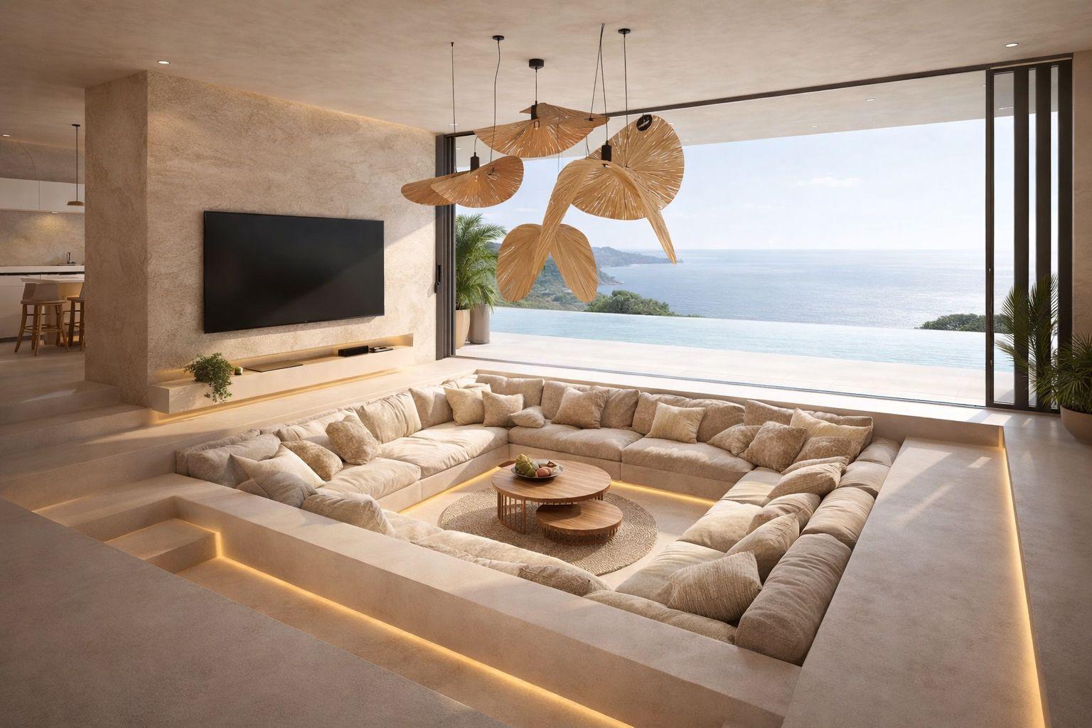 Modern, luxurious living room with a beige sunken seating area and sweeping ocean views